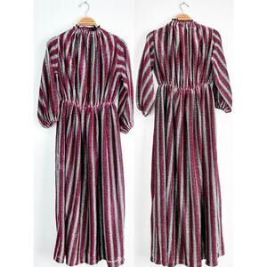 Vintage 70s Magenta Silver Stripe Glitter Sparkle Disco Party Maxi Dress small